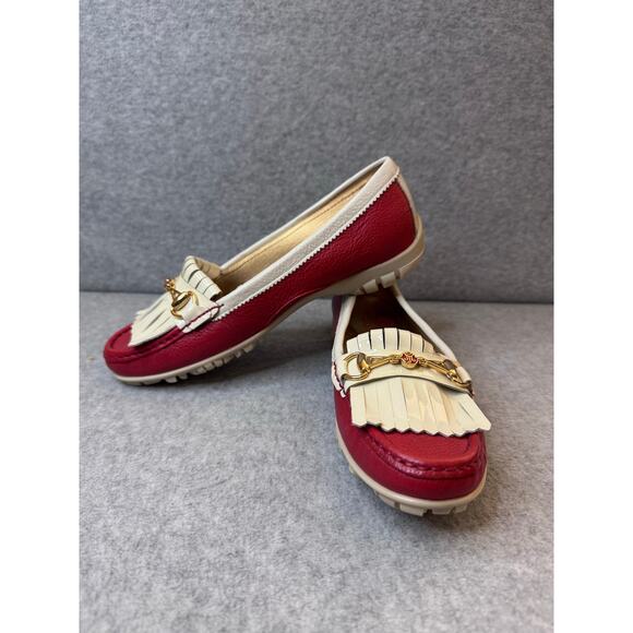 Marc Joseph NY Red Cream Leather Hand-Stitched Golf Moccasins Women’s - Size 6 - Picture 2 of 9